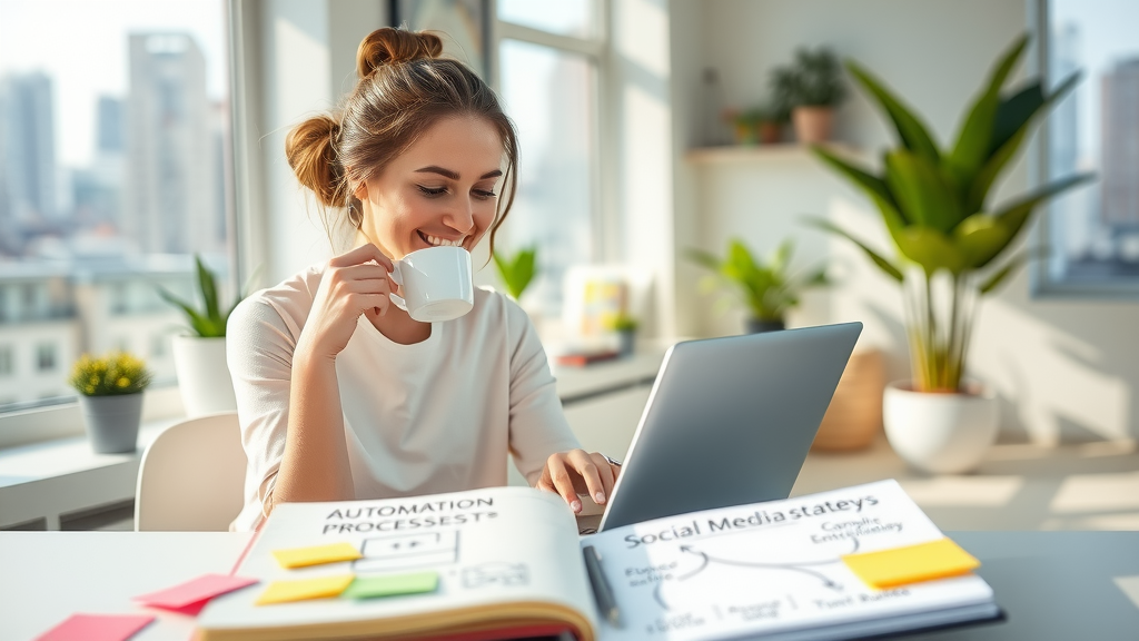 A bright, modern workspace featuring a young woman in her late 20s, with long brown hair tied in a loose bun, focused on her laptop while sipping coffee. The setting is a sunlit office with minimalist decor, plants, and a large window showing a view of the city. Soft natural light streams in, creating a warm and inviting atmosphere. In the foreground, colorful sticky notes and an open notebook filled with sketches of automation processes and social media strategies are visible. The woman's expression is one of joy and accomplishment, hinting at the ease of integrating technology. The overall mood is upbeat and inspiring, reflecting freedom and empowerment through effective time management and automation.