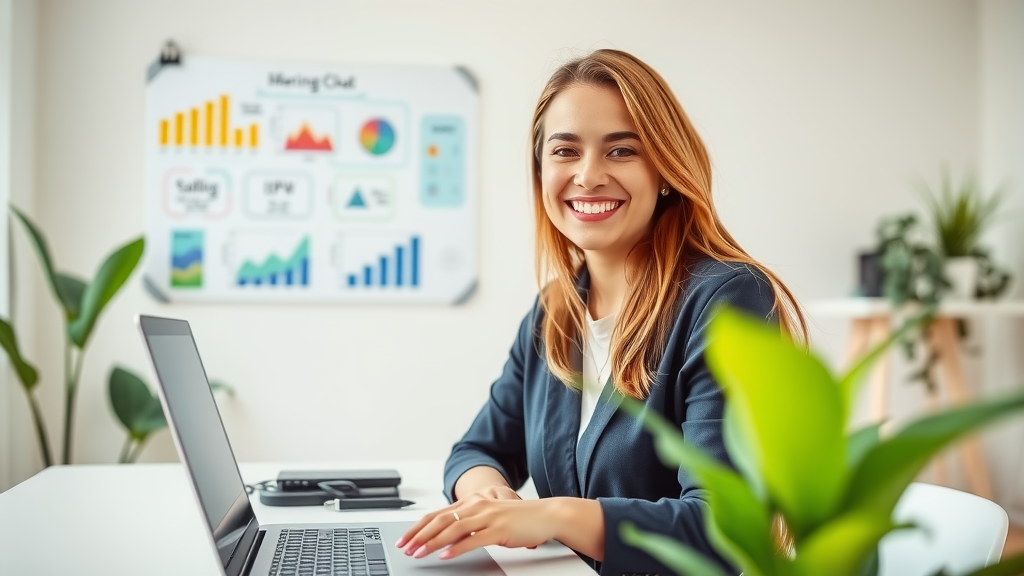 A dynamic scene in a modern, minimalist office space showcasing a young woman in her late 20s with a friendly smile, effortlessly interacting with a chatbot interface on her laptop. She is dressed casually, with a vibrant green plant by her side, symbolizing freshness and innovation. The workspace is bathed in soft, natural light coming from a large window, creating an inviting ambiance. In the background, a whiteboard filled with colorful ideas and diagrams hints at teamwork and brainstorming. The composition is an eye-level shot that captures the woman in a moment of joy and satisfaction as she enhances customer support through automation, illustrating the transformation and empowerment of technology in a streamlined setting. The overall mood is positive, modern, and inspiring, with a color palette of soft greens and warm neutrals.