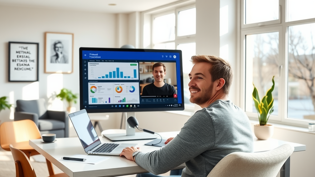 A dynamic scene capturing a young Russian entrepreneur in a modern, stylish home office, surrounded by high-tech devices that symbolize automation, such as a sleek laptop displaying an organized project management tool. The individual, in their early 30s, has a confident smile while discussing ideas with a business partner via a video call on a large screen. Natural light floods the room through large windows, creating an airy and inspiring atmosphere. The workspace is impeccably organized, with motivational quotes subtly framed on the walls and a potted plant adding a touch of warmth. The overall color palette features calm blues and whites, evoking a sense of efficiency and balance, while the composition focuses on the engaged expressions of the entrepreneur, illustrating the positive impacts of automation in entrepreneurship.