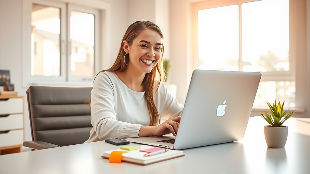 A vibrant, photorealistic image depicting a young woman in her late 20s with an enthusiastic expression, seated comfortably at a sleek, modern desk in a well-lit, minimalist home office. She is joyfully navigating her laptop, exploring the Make.com platform, with colorful sticky notes and a notebook filled with notes scattered around her. The warm sunlight streams through large windows, filling the space with a bright and inspiring atmosphere. Nearby, a small plant adds a touch of nature to the workspace. The composition is at eye-level, focusing on her engaged smile, embodying the excitement of learning and personal growth in a tech-friendly environment. Soft pastel colors create a calm yet energizing mood, highlighting the seamless integration of technology into daily life.