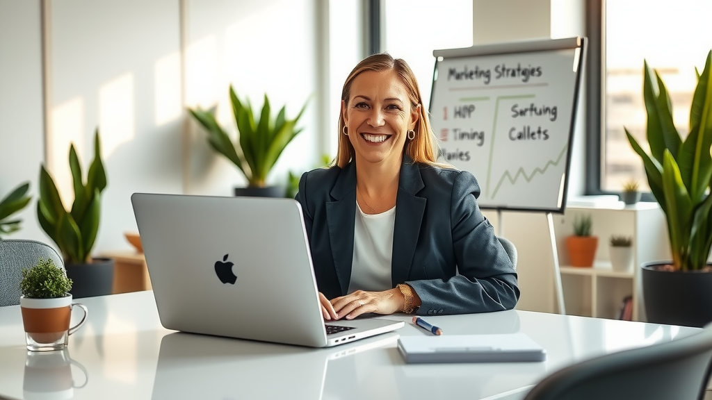 A professional and inviting image of a middle-aged woman in business casual attire, smiling and working on a laptop at a sleek, modern office desk. She sits in a bright, stylish workspace adorned with plants and minimalist decor, with soft natural light streaming in through large windows, creating a sense of openness and clarity. In the background, a whiteboard displays marketing strategies, while a coffee cup and notepad are placed nearby, hinting at productivity and organization. The composition captures an eye-level perspective, emphasizing her confident expression and the vibrant atmosphere, evoking feelings of empowerment and success through automation and innovative marketing techniques.