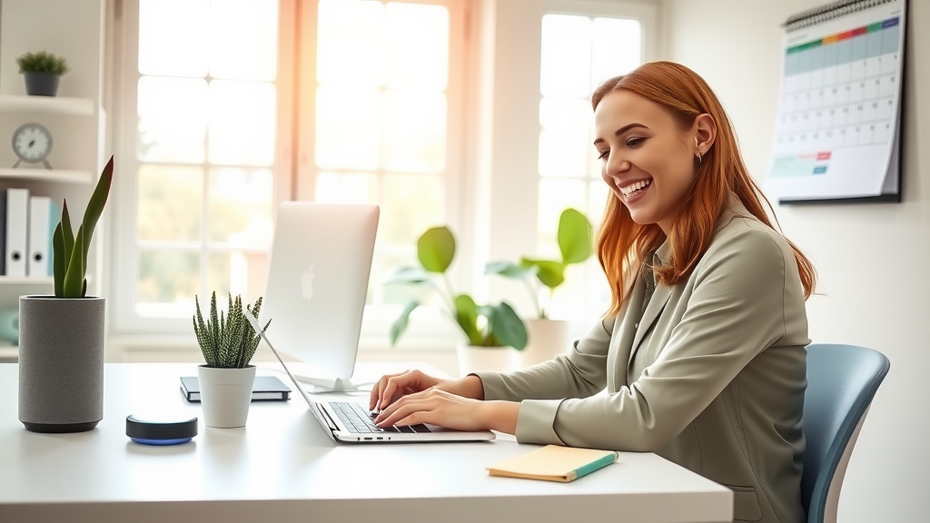 A professional and inviting workspace featuring a woman in her early 30s with a joyful expression, working intently on her laptop at a sleek, minimalist desk adorned with a small green plant and a cup of coffee. The background showcases a bright, airy home office filled with natural light pouring in from large windows, emphasizing a sense of liberation and productivity. The composition is a close-up shot focusing on her engaged face and the neatly organized work surface, creating a warm and optimistic mood. Subtle touches of technology, like a smart speaker and a digital calendar on the wall, highlight the seamless integration of automation into her work life, symbolizing stress relief and enhanced work-life balance. The overall color palette is soft and inviting, with warm white and hints of green, evoking a feeling of calm and focus.