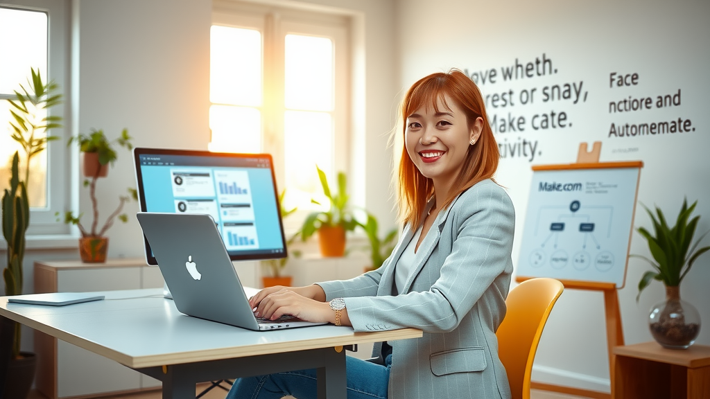 A bright and inspiring workspace filled with natural light, featuring a young woman in her late 20s wearing a casual, smart outfit, sitting comfortably at a minimalist desk equipped with a laptop. She has an enthusiastic expression as she interacts with a clean interface on the screen, showcasing the make.com platform. In the background, there are plants and motivational quotes on the walls, creating a fresh and inviting atmosphere. Soft rays of golden hour lighting filter through the window, enhancing the joyful mood of productivity and empowerment. A small whiteboard nearby displays simple flowcharts and notes, symbolizing data synchronization and automation processes. The scene conveys a sense of freedom, creativity, and efficient work-life balance.