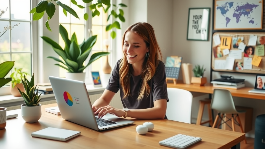 A modern, stylish home office scene featuring a young woman in her late 20s, wearing casual yet professional attire, sitting comfortably at her sleek wooden desk. She has a joyful expression as she interacts with her laptop, which displays colorful charts and graphs about social media engagement. The room is bathed in soft natural light streaming through a large window adorned with green plants, creating a fresh atmosphere. The walls are decorated with inspiring artwork and photos of family and friends, emphasizing a sense of community. A small bulletin board filled with notes and ideas is visible in the background, portraying an organized and creative workspace. The overall mood is vibrant and uplifting, showcasing the harmonious blend of technology and personal connection in her work life.
