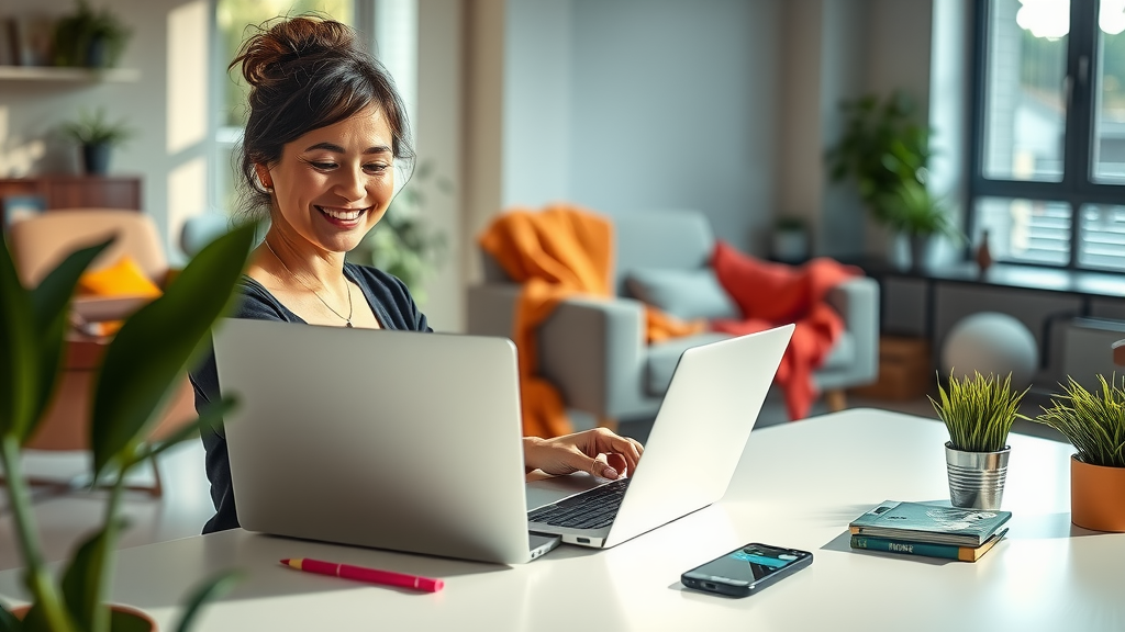 A modern home office scene featuring a woman in her early 30s with a joyful expression, sitting at a sleek desk with a laptop open, displaying Trello and make.com on the screen. She is working efficiently surrounded by plants and colorful stationery, symbolizing organization and creativity. The room is warmly lit with soft natural light filtering through a large window, creating an inviting atmosphere. In the background, a cozy sitting area with a vibrant throw blanket and books subtly illustrates a balance between work and relaxation. The overall mood is upbeat and calm, embodying the themes of task management and automation. A smartphone on the desk displays notifications, signifying seamless integration of technology in her daily routine.