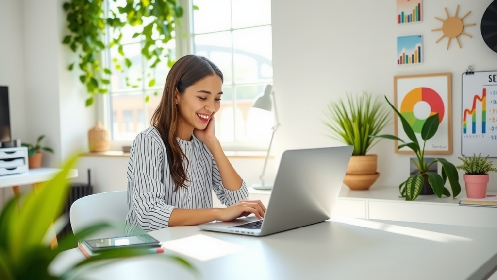 A bright and engaging scene showing a young woman in her late 20s, sitting at a sleek, minimalistic home office desk, deeply focused on her laptop as she smiles while crafting an email campaign. The room is filled with soft natural light streaming through a large window adorned with green plants, creating a fresh and inviting atmosphere. Behind her, a whiteboard displays colorful charts and ideas, symbolizing creativity and productivity. The camera angle is slightly above eye-level, giving a warm perspective over her shoulder. The color palette is vibrant with greens and whites, evoking a sense of calm, empowerment, and professional enthusiasm, illustrating how automation can enhance work efficiency and personalization in email marketing.