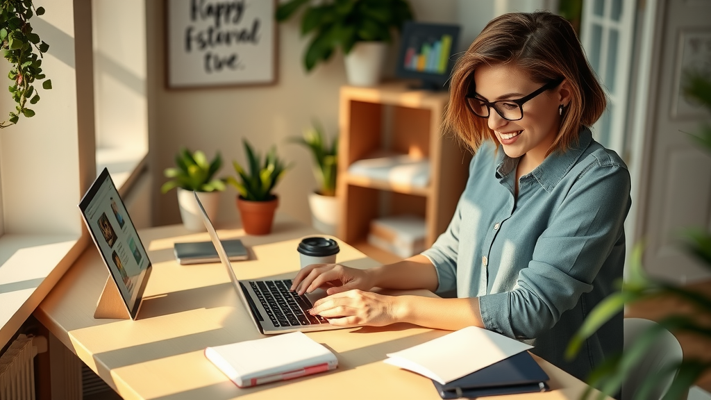 A dynamic overhead shot of a young professional woman in her late 20s, wearing casual yet stylish attire, enthusiastically working on her laptop in a cozy, well-lit home office decorated with green plants and inspirational quotes. She is focused on the screen, with a visible chatbot interface open, showcasing a creative brainstorming session. Sunlight filters through a nearby window, creating warm patches on a clean desk with a notebook and a coffee cup, embodying a harmonious work-life balance. In the background, a digital display hints at automated processes. The overall mood is vibrant, uplifting, and inspiring, conveying the joy of mastering technology for business enhancement and customer interaction.