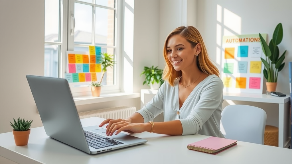 A bright and inspiring workspace featuring a young woman in her late 20s with a warm smile, sitting at a minimalist desk adorned with a small plant and a notebook, engaged in setting up her laptop. Soft natural light streams through a large window, illuminating her focused expression as she effortlessly navigates automation tools on her screen. In the background, a colorful vision board displays her goals for online business success, symbolizing personal growth and integration of technology into life. The overall atmosphere is calm and empowering, evoking a sense of freedom and control over her work-life balance.