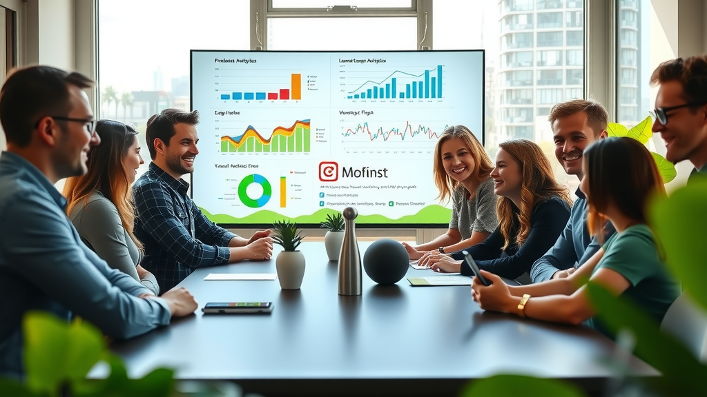A vibrant and engaging scene depicting a diverse group of young professionals in a modern office environment, with a large screen displaying colorful data analytics graphs and Yandex.Metrika metrics. The team, consisting of both men and women in their late 20s to early 30s, is gathered around a sleek conference table, animatedly discussing insights. Soft natural light streams in through large windows, creating an inviting atmosphere filled with greenery from indoor plants. The composition is an eye-level shot, showcasing their excited expressions and teamwork. The overall mood is one of innovation and collaboration, symbolizing the positive impact of automation in enhancing workflow efficiency and data optimization. The colors are fresh and vibrant, with an emphasis on blues and greens to evoke a sense of clarity and progress.