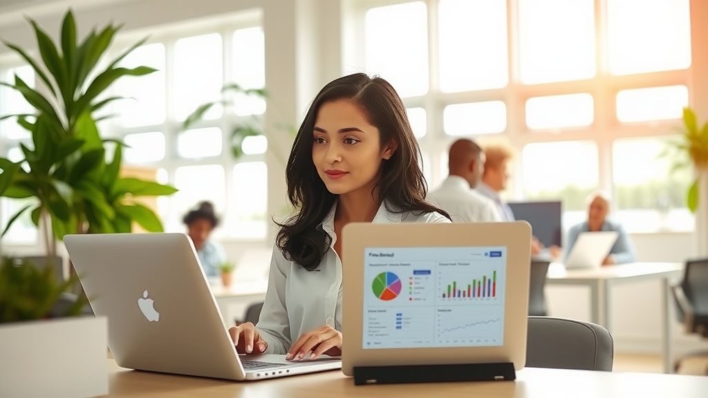 A professional office scene featuring a woman in her early 30s with a focused yet relaxed expression, seated at a minimalistic desk with a laptop open in front of her. The setting is a modern and bright workspace adorned with greenery, soft natural light streaming in from large windows, emphasizing a sense of calm and efficiency. She is reviewing financial data on the screen, with charts and graphs illustrating automation benefits. In the background, a small group of diverse colleagues is engaged in a discussion, highlighting teamwork and collaboration in the workplace. The overall mood is one of empowerment and productivity, with warm tones that evoke a feeling of positivity and motivation.