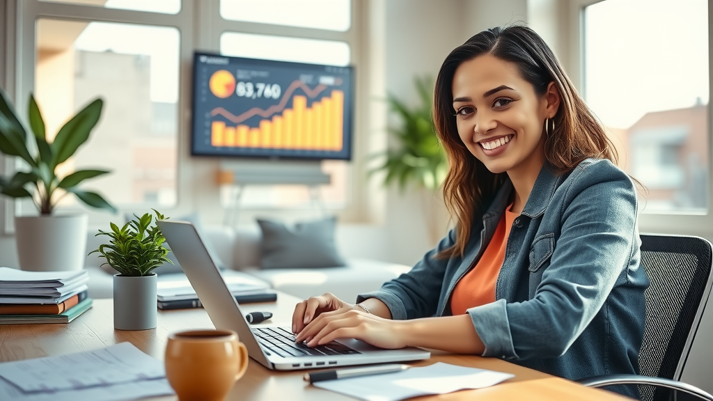 A dynamic and inspiring scene featuring a woman in her early 30s with a bright smile, sitting at a modern desk in a well-lit home office. She is intently reviewing sales data on her laptop while surrounded by organized paperwork and a small potted plant, symbolizing growth and clarity. The setting has large windows allowing soft natural light to flood in, creating a warm, inviting atmosphere. In the background, you can see a digital display showcasing her growing sales figures and colorful charts. The mood is energetic yet calm, highlighting the harmony between work and personal life as she embraces technology to automate processes and improve her business. The composition is a close-up showing her focused expression, reflecting both satisfaction and empowerment.