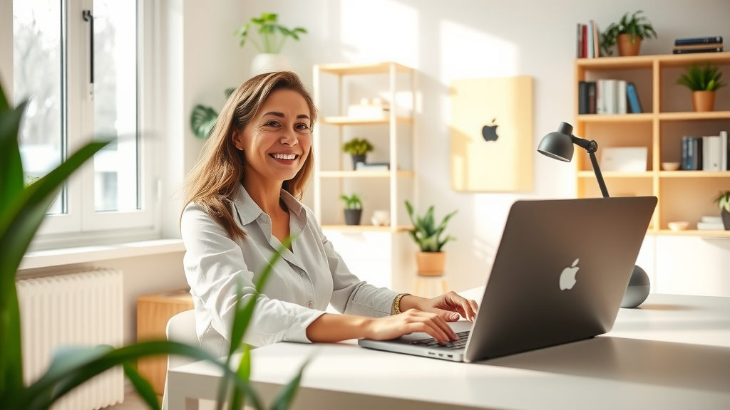 A professional woman in her early 30s with a confident smile is sitting at a modern, minimalist desk in a bright, airy home office. She is engaged in a video call displaying automation software on her laptop, creating an atmosphere of ease and productivity. The room is filled with natural light streaming through a large window, with potted green plants adding a touch of freshness to the scene. In the background, there are organized shelves with books and tech gadgets, symbolizing a blend of work and personal growth. The color palette is warm and inviting, with soft earth tones and splashes of green, evoking a sense of calm. The composition is an eye-level shot focusing on her expression of joy and empowerment as she automates notifications, enhancing customer experience while achieving work-life balance.