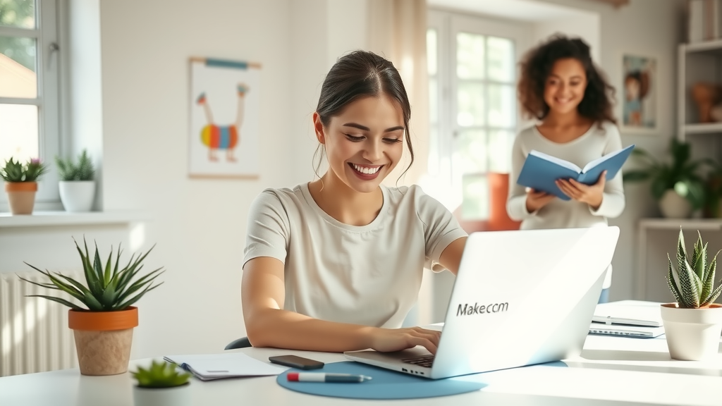 A vibrant scene capturing a young woman in her early 30s with an enthusiastic smile, sitting at a clean, modern desk in a sunlit home office. She is surrounded by minimalistic décor, plants, and a laptop displaying a dashboard of automated content tools like Make.com. Her posture is relaxed and confident as she reviews content strategies, embodying a sense of empowerment through technology. The soft natural light filters through the window, creating a warm and inviting atmosphere. In the background, there are visible elements of a family life, such as a colorful children's drawing on the wall and a cozy reading nook. The overall mood is uplifting and inspiring, illustrating the harmony between modern work and personal joy.