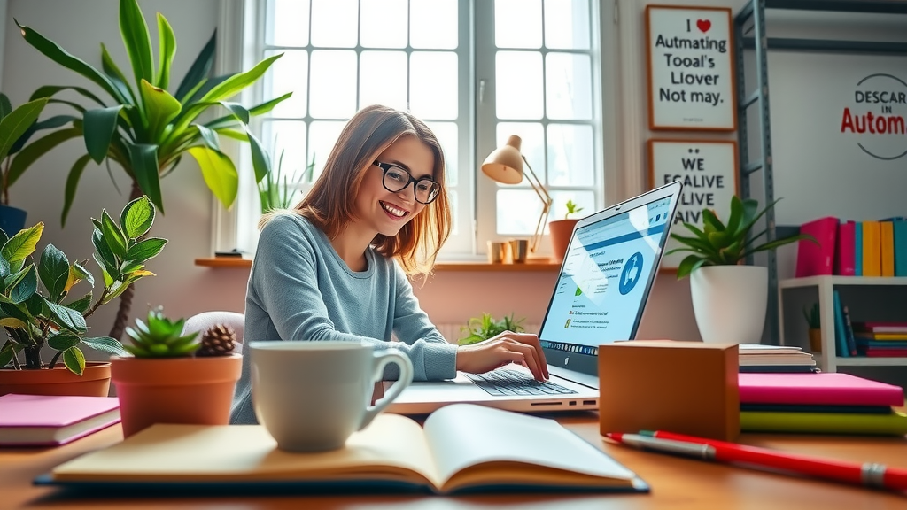 A bright and inviting workspace featuring a young woman in her late 20s with a cheerful expression, happily working on her laptop with automation tools on the screen. The setting is a cozy home office filled with lush green plants, colorful stationery, and inspirational quotes on the walls. Soft natural light floods the space through a large window, creating a warm atmosphere. In the foreground, an open notebook with a light design can be seen alongside a cup of tea, symbolizing creativity and focus. The composition is an eye-level shot, capturing the sense of empowerment and freedom achieved through no-code programming, with a color palette that evokes positivity and productivity.