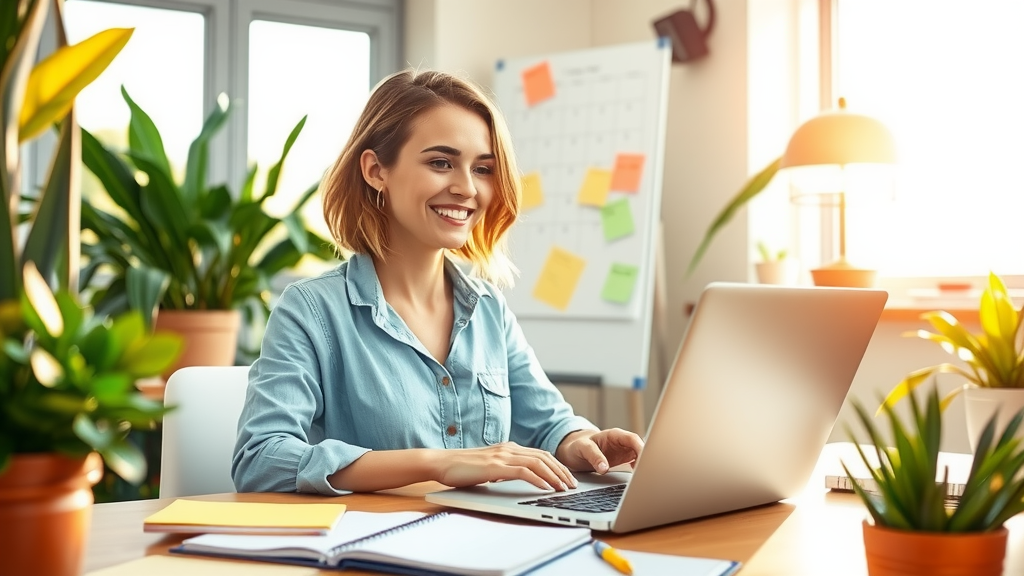 A serene scene showcasing a young woman in her late 20s with an enthusiastic smile, sitting in a bright and airy home office filled with greenery. She is typing on her laptop with various colorful notes and a planner spread out around her, illustrating the integration of work and personal life. Sunlight streams through the large window, casting warm golden light that creates an inviting atmosphere. In the background, a whiteboard with neatly organized ideas and a calendar can be seen, symbolizing efficient content management. The composition is at eye level, emphasizing her joyful engagement with the technology that simplifies her blogging process. The overall color palette is fresh and vibrant, evoking a sense of empowerment and productivity while maintaining harmony and balance.