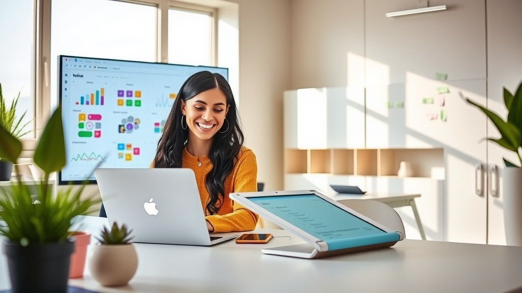 A bright and modern workspace featuring a woman in her early 30s with an enthusiastic smile, effortlessly managing a project on her laptop while using automation tools. She sits at a sleek desk adorned with plants and a large screen displaying the integration of Make.com with Bitrix24. Soft natural light streams through a large window, creating a warm and inviting atmosphere. In the background, a serene office space is visible showing a whiteboard filled with colorful project ideas, symbolizing creativity and efficiency. The colors are vibrant yet calming, evoking a sense of joy and accomplishment in achieving work-life balance.