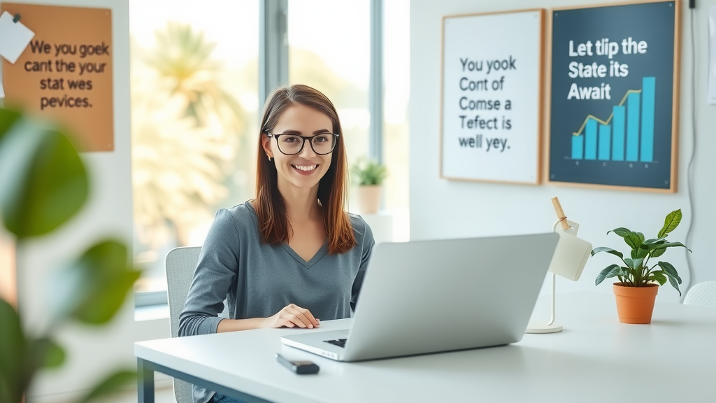 A modern workspace featuring a young woman in her late 20s with an enthusiastic smile, sitting at a clean desk with a laptop open, showcasing analytics and graphs on the screen. She is wearing casual yet professional attire, and surrounded by motivational quotes on a pinboard and a small potted plant. The setting is a bright, airy room with large windows allowing soft natural light to illuminate the space, conveying a sense of creativity and focus. The composition captures her in a slightly high-angle shot, emphasizing her engagement with her work while highlighting the peaceful environment. The color palette includes soft greens and blues, imparting a calm and inspiring mood, while technology seamlessly integrates into her life, symbolizing empowerment and efficiency in business processes.