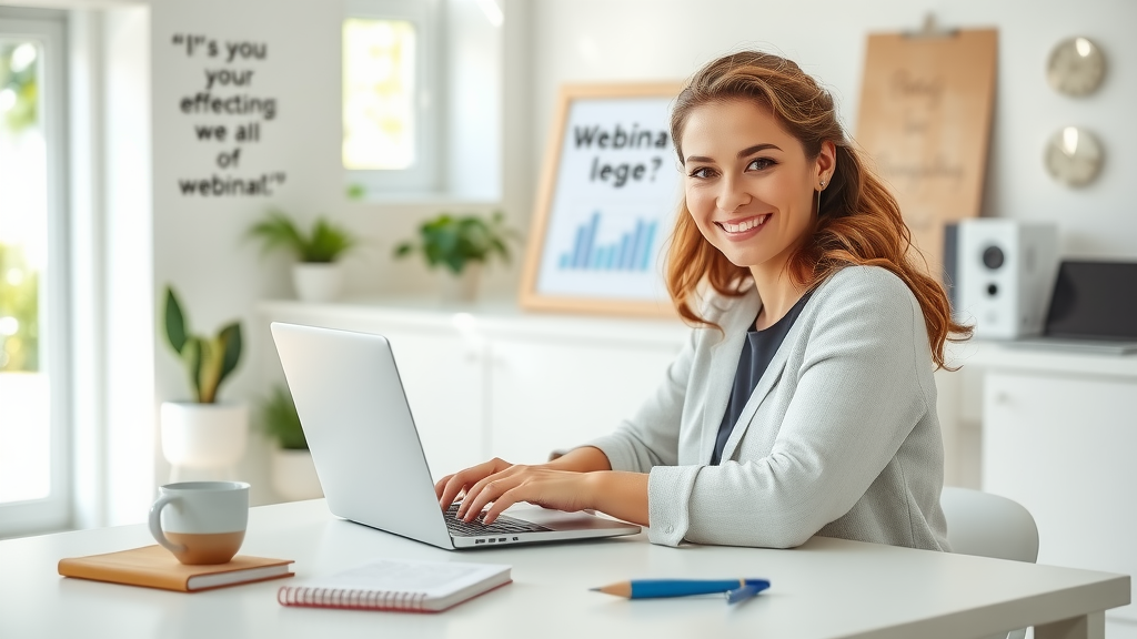 A modern, clean workspace featuring a woman in her early 30s with an engaging expression, sitting at a sleek desk with a laptop open in front of her, showing a webinar platform. The background features a light and airy home office with plants and motivational quotes on the walls, bathed in soft natural light coming from a large window, creating a calm and focused ambiance. The composition is eye-level, emphasizing her joyful focus on creating effective webinars. Nearby, a notebook and a coffee cup add warmth to the scene, while a digital device displays graphs, symbolizing integration and automation in her workflow. The color palette is bright and inviting, evoking a sense of freedom and empowerment in balancing work and personal life.