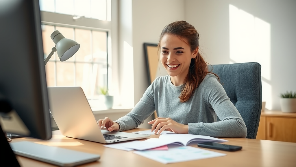 A focused close-up shot of a young woman in her late 20s sitting at a neatly organized home office desk, surrounded by a laptop and various colorful notes, demonstrating excitement and curiosity as she follows a step-by-step guide on how to automate data collection. Soft natural light streams in through a window, creating an inviting atmosphere. In the background, a small potted plant adds a touch of greenery, symbolizing growth and empowerment. The overall mood is one of productivity and joy, reflecting the seamless integration of technology into her work-life balance.