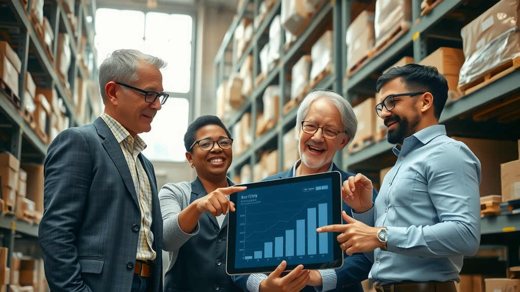 A vivid and inspiring scene in a modern warehouse where a diverse group of four professionals, including a woman in her 30s in smart casual attire and a man in his 40s wearing glasses, are engaged in a productive discussion. They are surrounded by high shelves stacked with neatly organized boxes, showcasing streamlined logistics. Natural light floods the space through large windows, creating a warm and inviting atmosphere. The individuals are animatedly pointing at a digital tablet displaying real-time inventory data, embodying the theme of automation and efficiency. The camera angle is slightly raised, offering a wide shot that captures the dynamic interaction among the team, emphasizing teamwork and the joy of simplifying business processes. The color palette is bright and fresh, promoting a sense of innovation and progress.