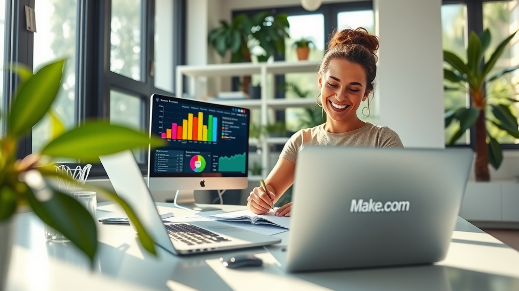 A bright and modern workspace featuring a woman in her early 30s with a cheerful expression, sitting at a sleek desk with dual monitors displaying colorful graphs and A/B testing results. Sunlight pours in through large windows, illuminating the space filled with green plants. The woman is taking notes with a smile, exuding a sense of empowerment and calmness. A laptop is visible with the Make.com website open, indicating automation in marketing processes. The atmosphere is vibrant and inviting, embodying productivity and the joy of effective workflow. The overall composition is eye-level, with a focus on the woman’s positive engagement, conveying themes of freedom and growth in a harmonious work-life balance.