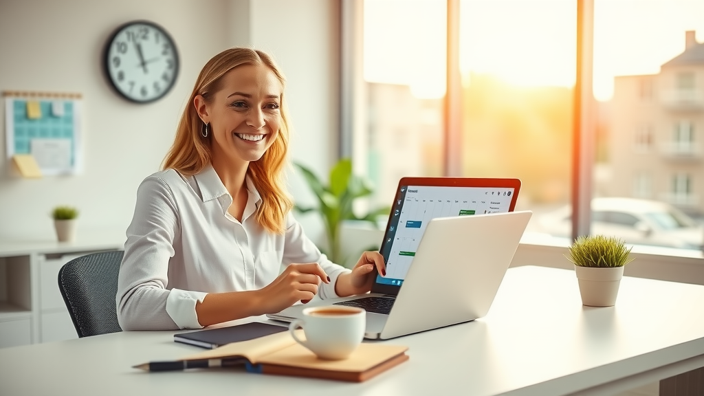 A modern, bright office space where a woman in her early 30s with a cheerful expression is smiling as she organizes her schedule on a laptop, showcasing the integration of Google Calendar and automation tools. The desk is minimalistic with a small potted plant, a notepad, and a steaming cup of coffee. Soft natural light filters through large windows, casting a warm glow that enhances the sense of productivity and calmness. In the background, a wall clock and a calendar with notes represent effective planning, while the warmth of the colors conveys a harmonious work-life balance, emanating positivity and a stress-free environment.