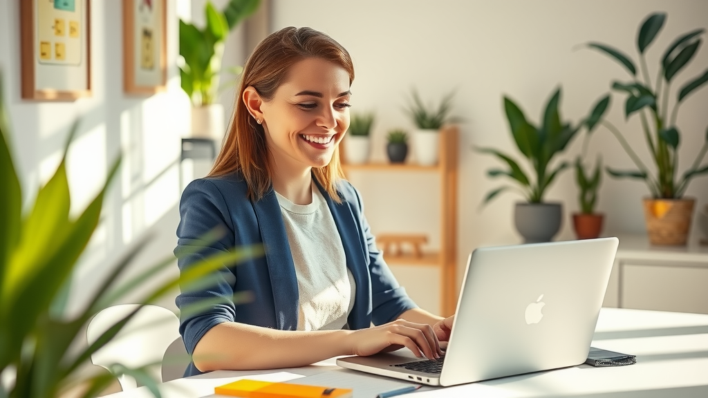 A focused close-up shot of a woman in her early 30s, wearing a smart casual outfit, joyfully working on her laptop in a bright, minimalist home office surrounded by plants. The sunlight streams through the window, creating a warm and inviting atmosphere. She has a look of concentration combined with satisfaction as she monitors a flowchart on her screen, showcasing automated workflows. In the background, an organized desk features notes and a coffee cup, symbolizing productivity and effective business process automation. The overall color palette is fresh and airy, evoking a sense of empowerment and balance between work and personal life.