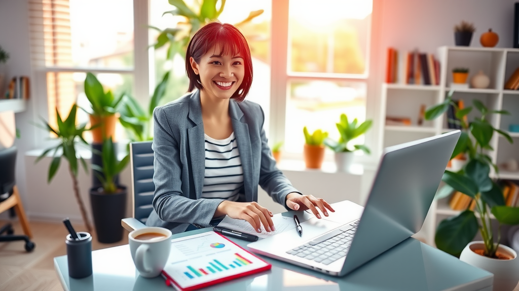 A dynamic scene of a young professional woman in her early 30s with short hair, wearing a smart casual outfit, sitting at a modern desk in a beautifully lit home office, smiling as she analyzes data on her laptop. The room is filled with lush greenery from potted plants and has a large window that allows bright, warm natural light to flood in. On the desk, there are charts and graphs printed out, highlighting successful advertising campaigns, alongside a cup of coffee and a notebook with colorful notes. The atmosphere is vibrant and energetic, capturing the essence of productivity and creativity. The composition is slightly angled from above, showcasing both the workspace and the joyful expression of the woman, symbolizing the integration of automation in advertising management to enhance efficiency and ROI.