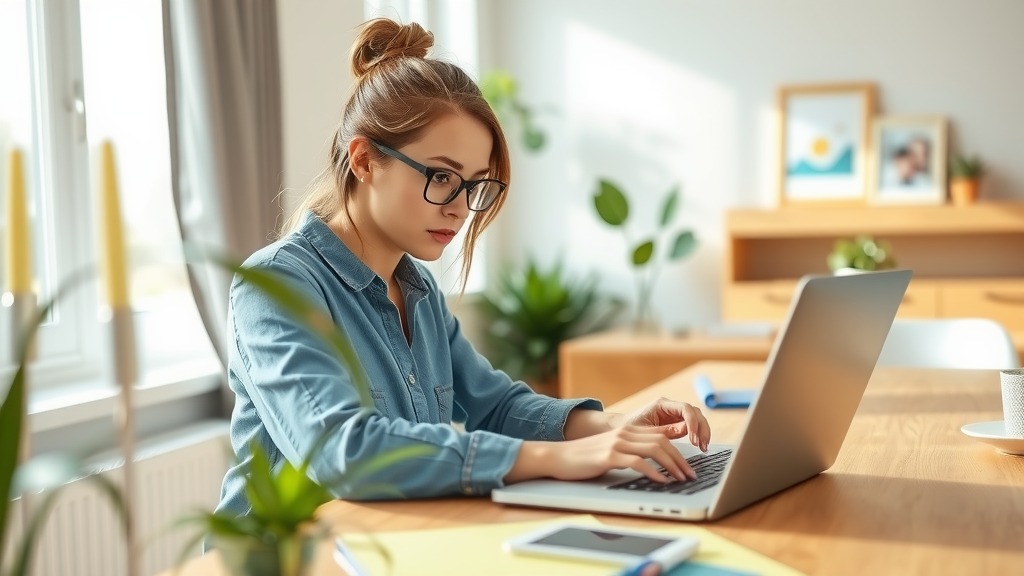 A close-up shot of a young woman in her early 30s, wearing casual yet professional attire, sitting at a sleek, minimalist desk in a bright home office. She has an expression of focused determination as she efficiently works on her laptop, visual graphs and reports displayed on the screen. The setting features light wood furniture, plants providing a touch of nature, and soft natural light streaming through large windows, creating a warm and inviting atmosphere. In the background, a subtle hint of a family photo on the wall conveys a sense of balance between work and home life. The color palette is soft and calming, with greens and creams predominating, evoking a mood of productivity and tranquility.