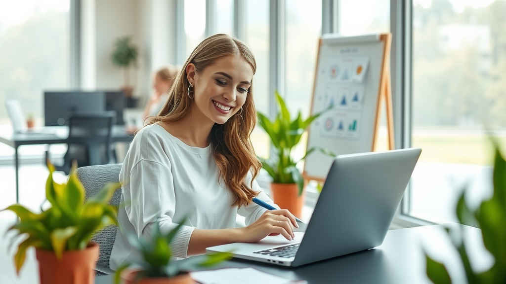 A modern office setting featuring a woman in her early 30s with a friendly smile, sitting at a sleek desk equipped with a laptop and a notepad, absorbed in work while surrounded by vibrant plants. She appears relaxed and organized, depicting a sense of peace and balance between work and life. The soft natural light filters through a large window, illuminating the space and creating a warm atmosphere. In the background, there are subtle elements like a whiteboard filled with diagrams and a calendar, hinting at the use of automation in business processes. The image embodies a theme of efficiency and time savings through streamlined operations, showcasing a harmonious workspace that fosters productivity and personal well-being.