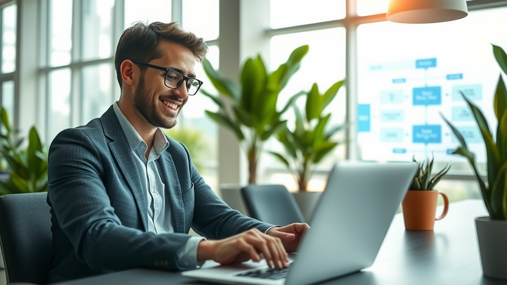 A focused scene of a business professional in their early 30s, dressed in smart casual attire, engaging with a laptop in a sleek and modern office space filled with natural light. The person is smiling while analyzing data on the screen, showcasing a sense of productivity and ease. In the background, a digitally displayed flowchart illustrates the streamlined HR processes facilitated by automation, reflecting a state of calm and control. Soft daylight filters through large windows, creating an inviting atmosphere, with plants enhancing the fresh and airy feel. The colors are vibrant yet soothing, emphasizing the theme of optimization and efficiency in the workplace.