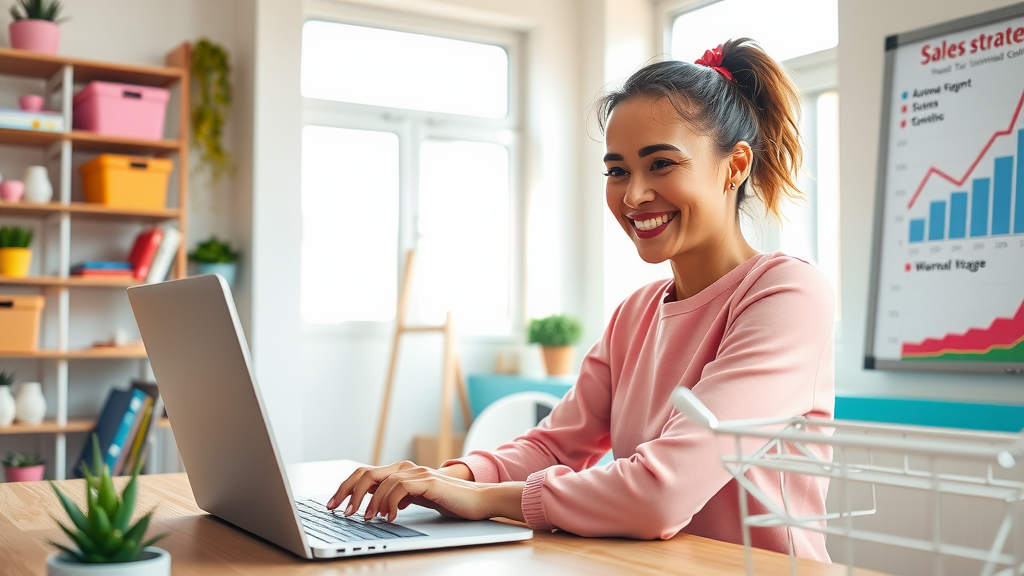 A vibrant scene of a cheerful woman in her early 30s working on a sleek laptop at a bright, modern home office with large windows letting in warm natural light. She has an enthusiastic expression while analyzing e-commerce data on the screen, surrounded by organized shelves filled with colorful products and a small succulent plant on the desk. In the background, a wall features a whiteboard with sales strategies. The atmosphere is one of empowerment and efficiency, reflecting the positive impact of automation on her online store. The composition is slightly angled from above, capturing both her engagement with the work and the bright, inviting space around her, with a color palette of soft pastels and vibrant accents that evoke a sense of joy and potential.