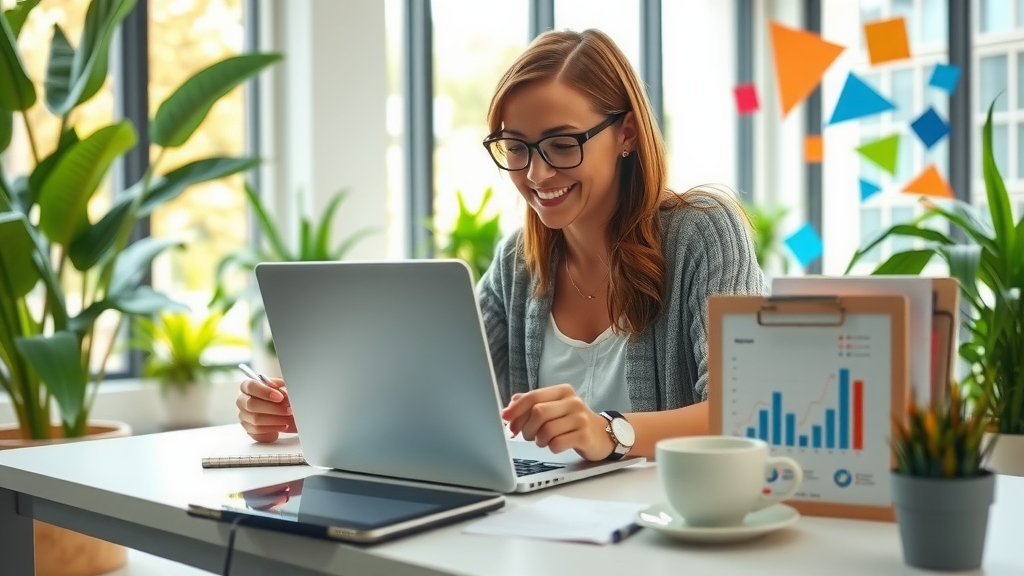 A dynamic and engaging scene set in a bright and modern workspace, featuring a woman in her early 30s with long brown hair, wearing a stylish yet casual outfit, intently working on her laptop while smiling at the screen, reflecting success and satisfaction. The setting is filled with greenery and natural light streaming through large windows, creating an inviting and productive atmosphere. On the desk, there is a notepad with notes and sketches, a cup of coffee, and a tablet displaying analytics, symbolizing the integration of automation in her marketing efforts. The overall mood is vibrant and energetic, showcasing the power of technology in achieving effective omnichannel campaigns. A subtle hint of playful chaos in the background, like colorful marketing materials, enhances the sense of creativity and innovation she embodies.
