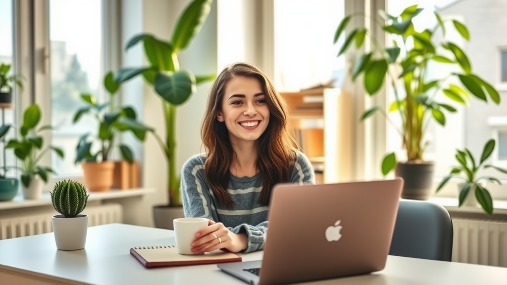 A serene and inspiring scene depicting a young woman in her early 30s, working on a laptop in a bright and cozy home office filled with lush plants and natural light flooding through large windows. She has a relaxed expression, smiling gently as she efficiently manages her freelance tasks with ease. The desk is organized and minimalistic, showcasing a small potted plant and a mug of tea, symbolizing a blend of work and comfort. Soft morning light creates a warm atmosphere, emphasizing a balance between productivity and tranquility. The composition focuses on her joyful demeanor, captured at eye level, inviting viewers to feel a sense of empowerment and harmony in their work-life balance.
