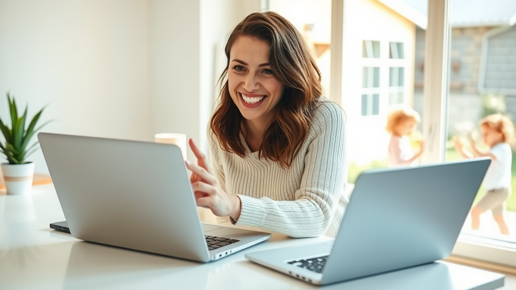 A bright and inspiring scene featuring a woman in her early 30s with an enthusiastic expression, sitting at a sleek, minimalist workspace that overlooks a sunlit garden. She is joyfully interacting with her laptop, showcasing a clean interface of Notion and Make.com on the screen. Soft natural light floods the room, creating a warm and inviting atmosphere. A small potted plant adds a touch of greenery to her desk, emphasizing stress relief and calmness. In the background, a subtle hint of her family can be noted, perhaps her children laughing and playing together, symbolizing work-life balance. The colors are fresh and airy, evoking a sense of accomplishment and happiness as she seamlessly integrates technology into her life. The composition is a close-up with an eye-level angle, capturing her genuine enthusiasm and the harmony of her workspace.