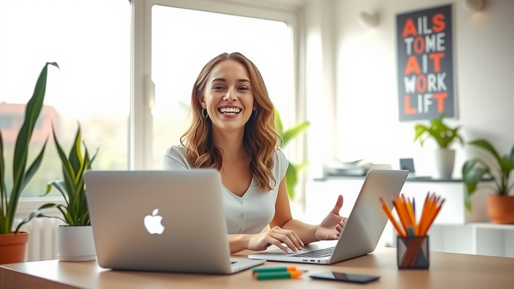 A vibrant scene of a young woman in her late 20s with a joyful expression, effortlessly creating content in a modern, minimalistic home office. She sits at a stylish desk with a laptop open, featuring an AI interface on the screen, surrounded by plants and colorful stationery. Soft, natural light floods the space, highlighting a bright and inviting atmosphere. In the background, partially visible, are motivational posters and a glimpse of a serene outdoor view through a large window. The mood is uplifting and inspiring, illustrating the freedom that comes from using automation to enhance creativity and productivity. The composition is a wide shot capturing the entire workspace and the woman's relaxed posture, conveying a sense of balance between work and personal joy.