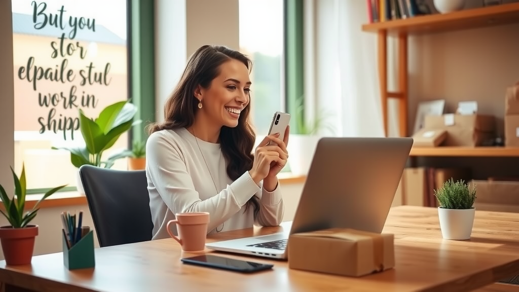 A vibrant and dynamic scene of a young woman in her early 30s with a bright smile, efficiently managing her successful online store from a stylish home office. She is sitting at a sleek wooden desk adorned with modern technology, like a laptop and a smartphone, showcasing a well-organized workspace with plants and motivational quotes on the wall. Soft natural light streams through a large window, creating an inviting atmosphere. The woman is engaged in a video call, discussing order automation, her joyful expressions radiate positivity and empowerment. In the background, a glimpse of packages ready for shipment emphasizes the efficient business operations. The color palette features warm tones, promoting a sense of harmony and achievement in balancing work and personal life.