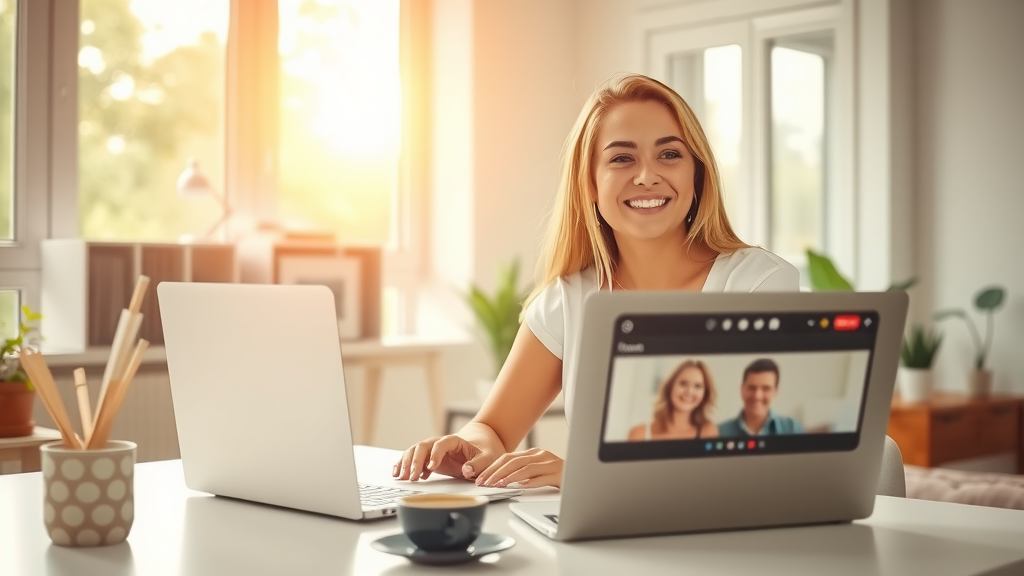 A bright and inviting workspace in a modern home office filled with natural light streaming through large windows, featuring a woman in her early 30s with a joyful expression, sitting at a clean desk with a laptop open in front of her. She is engaged in a video call with a satisfied customer, her eyes sparkling with enthusiasm as she takes notes on feedback. In the background, a cozy corner with plants and a coffee cup adds warmth to the scene. The overall mood is one of empowerment and happiness, reflecting a sense of balance and liberation in her work-life. Sunlight creates a soft golden hue, enhancing the feeling of positivity and growth.