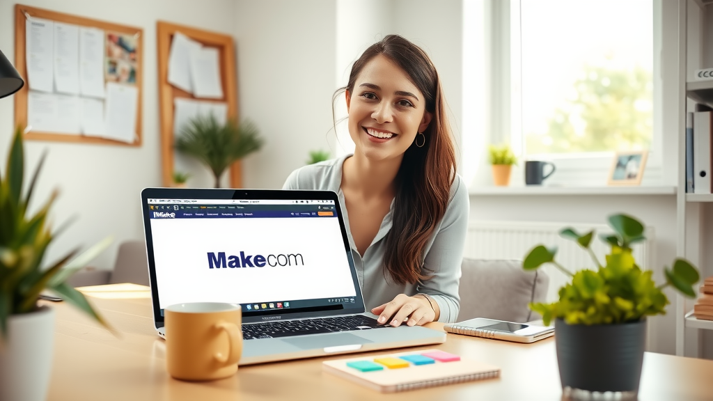A serene and organized home office scene featuring a woman in her early 30s, sitting comfortably at a minimalist desk with a laptop open, displaying a clean interface of Make.com. She is smiling, with a relaxed posture, surrounded by plants and soft natural light filtering through a nearby window. The background shows a subtle hint of a bulletin board with neatly arranged subscriptions, symbolizing effective management. The color palette is warm and inviting, promoting a sense of calm and productivity. A coffee mug sits beside her, and a notepad with bright colorful notes adds a cheerful touch, emphasizing the joy of streamlined automation and optimization. An eye-level shot captures the scene, highlighting her genuine happiness and the harmonious integration of work into her life.