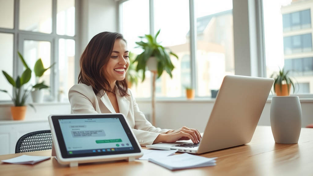 A modern office setting with a young woman in her late 20s, wearing smart casual attire, looking focused and content while working on her laptop. The room is bright and airy, filled with natural light streaming through large windows, plants adorning the windowsill. On her desk, a tablet displays a chatbot interface, and notes scatter around, showcasing ideas for business automation. The overall mood is one of productivity and empowerment, emphasizing the seamless integration of technology into her work life. Soft colors create a calm and inviting atmosphere, with the camera angle capturing a close-up of her engaged expression, symbolizing the joy of effective communication and process improvement through automation.