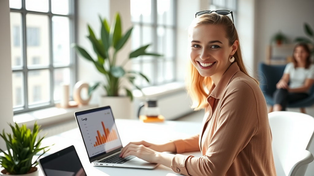 A modern, bright office setting featuring a woman in her early 30s with an enthusiastic smile, reviewing data on her laptop, illuminated by soft natural light streaming in from large windows. She is surrounded by minimalistic décor, including a small indoor plant and a clean desk, suggesting a streamlined and efficient workspace. The monitor shows colorful graphs and analytics from Google Analytics, indicating a sense of accomplishment and clarity in her work. In the background, a glimpse of a relaxed area with a coffee machine and comfortable seating reflects a balance between productivity and comfort. The overall mood is vibrant and energetic, evoking a sense of empowerment through technological simplicity and automation.