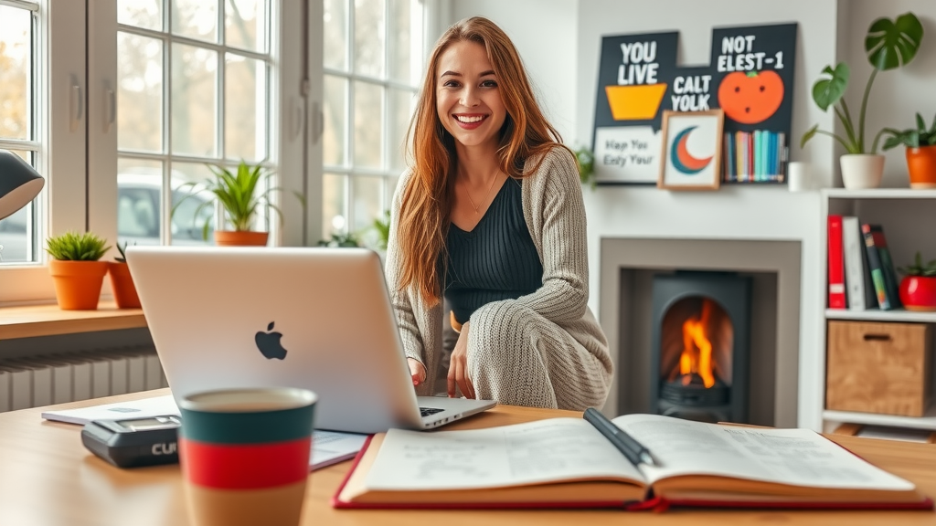 A focused and vibrant workspace featuring a young woman in her late 20s, smiling joyfully as she effortlessly manages her YouTube channel on her laptop. The setting is a bright, modern home office with large windows allowing natural light to flood in, showcasing shelves filled with colorful books and plants. The woman is dressed casually in a comfortable sweater, surrounded by motivational posters and tech gadgets that symbolize creativity and organization. In the foreground, a coffee cup and an open notebook with sketch ideas for videos hint at her passion for content creation. The overall mood is inspiring and productive, emphasizing a harmonious balance between technology and personal fulfillment, with warm, inviting colors that evoke a sense of enthusiasm and empowerment.