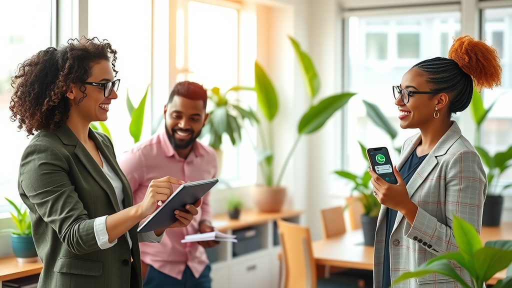A lively, dynamic scene depicting a diverse group of three professionals in a bright, modern coworking space, engaged in a brainstorming session about sales strategies. One woman in her early 30s, with curly hair, excitedly showcases data on a tablet, while a man in his late 20s with glasses takes notes on a notepad. Another woman, dressed in smart casual attire, smiles as she interacts with them, holding a smartphone displaying WhatsApp, hinting at automation in communication. The room is filled with greenery, natural light streaming through large windows enhancing the vibrant atmosphere, creating a sense of collaboration and innovation. The color palette is fresh and inspiring, fostering an uplifting mood of teamwork and growth.