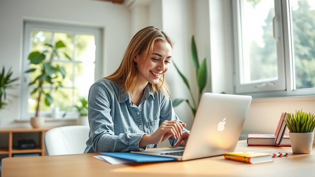 A dynamic and engaging workspace featuring a young woman in her late 20s with a bright smile, actively managing a Google Ads campaign on her laptop. The setting is a modern, well-lit home office with greenery visible through a large window, symbolizing openness and productivity. The desk is organized with a few colorful documents and a stylish plant, conveying a sense of calm and efficiency. Soft natural light floods the room, enhancing the warm and inviting atmosphere. The composition is an eye-level shot, capturing the woman's focused expression and the vibrant energy of her workspace, showcasing the harmony between technology and personal empowerment.