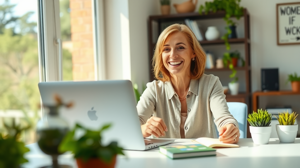 A focused close-up shot of a middle-aged woman with a bright smile, sitting at a modern, minimalist desk in a sunlit home office, enthusiastically demonstrating a user-friendly automation software on her laptop. The workspace is organized and infused with greenery, showcasing plants and a notepad filled with vibrant ideas. Soft natural light streams in through a large window, illuminating the scene with warmth. The background features a well-organized shelf with books and motivational decor, embodying a sense of tranquility and inspiration. The overall mood captures the joy of optimizing business operations and the empowerment that comes from streamlining processes through technology.