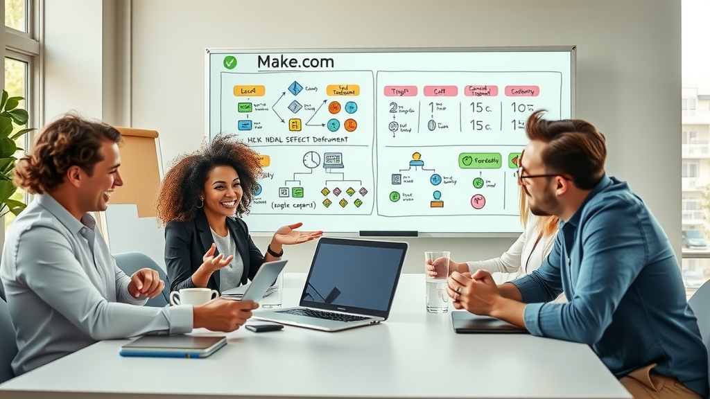A dynamic office environment showcasing a diverse group of professionals in their 30s and 40s, engaged in a collaborative meeting around a sleek table with laptops and digital devices. One person, a woman with curly hair wearing business casual attire, gestures enthusiastically while explaining an innovative idea, while a man with glasses, dressed in a smart shirt, takes notes with a smile. The backdrop features a large whiteboard filled with colorful diagrams and notes, illustrating streamlined workflow processes. Soft natural light pours in through large windows, creating an inviting and productive atmosphere. The color palette includes fresh greens and warm neutrals, evoking a sense of optimism and clarity. Subtle technology elements like a projector displaying the Make.com interface are integrated into the scene, emphasizing the impact of automation on easing document management and enhancing overall business efficiency.