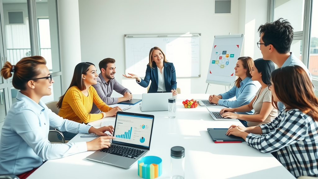 A dynamic, high-angle shot of a diverse team of professionals in their 30s gathered around a sleek, modern conference table in a bright, airy office. They appear engaged and enthusiastic, discussing logistics solutions with digital devices open, displaying graphs and charts related to process automation. The room is illuminated by natural light streaming through large windows, creating a vibrant and inspiring atmosphere. The color palette includes fresh greens and blues, symbolizing growth and innovation. Among the team, one woman gestures confidently while presenting an automated workflow on her laptop, emphasizing collaboration and technological empowerment. A whiteboard in the background contains colorful notes and diagrams. The overall mood is one of excitement, efficiency, and the anticipation of enhanced productivity through automation.