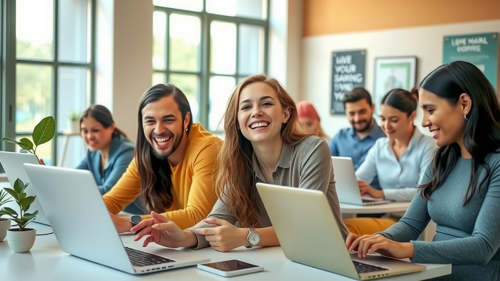 A dynamic shot of a diverse group of employees in their mid-30s engaged in an online training session, seated in a modern, airy office space with large windows. Each person shows expressions of focus and interest as they interact with engaging LMS software on their laptops. The warm, natural lighting creates a welcoming atmosphere, enhancing feelings of collaboration and learning. In the foreground, a woman is joyfully discussing a concept with a colleague, while in the background, another employee is taking notes with a thoughtful expression. Color palette includes soft greens and warm neutrals, conveying a sense of calm progress and empowerment through technology. Subtle elements like plants on desks and motivational posters on the walls contribute to a positive learning environment.