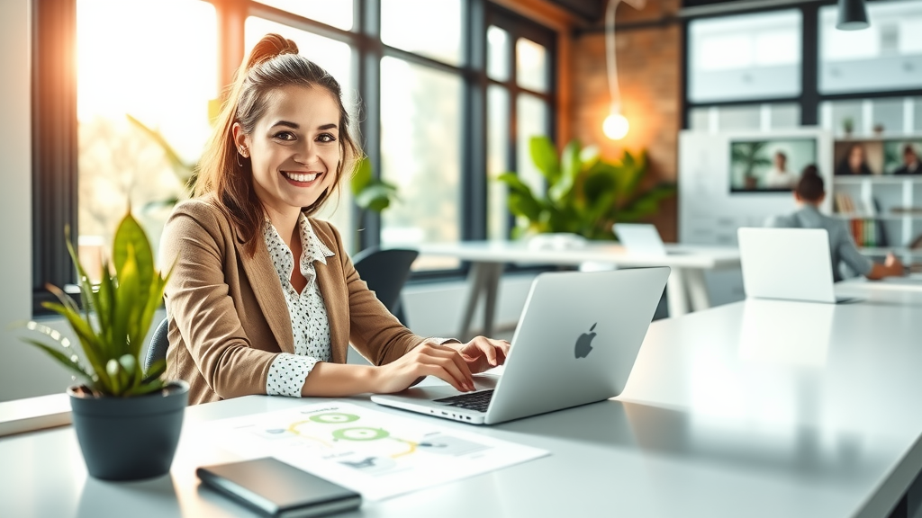 A vibrant and modern office environment featuring a young woman in her late 20s with an enthusiastic smile, seated at a sleek desk with a laptop open, actively integrating Make.com with VoIP technology. The setting is filled with natural light pouring in through large windows, creating a fresh and motivating atmosphere. On the desk, there are notes and diagrams illustrating automation processes, alongside a small potted plant adding a touch of greenery. In the background, a colleague is seen engaged in a virtual meeting, showing collaboration and teamwork. The overall mood is energetic and inspiring, highlighting the theme of innovation and business growth, with warm colors and an inviting ambiance. The composition captures a slightly low angle to emphasize the sense of achievement and empowerment through technology.