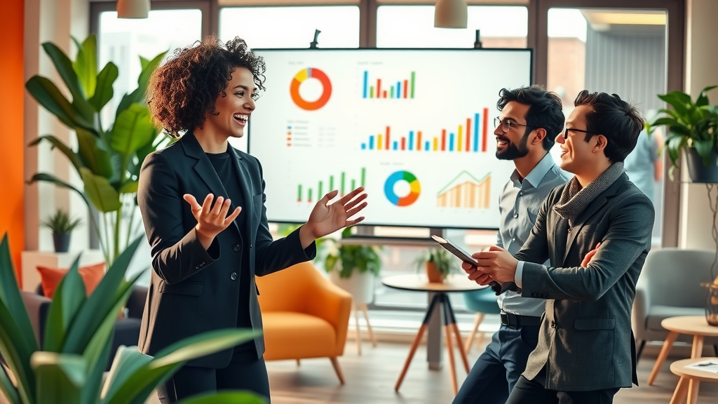 A vibrant scene depicting a diverse group of three business professionals in a modern, well-lit coworking space, deeply engaged in a lively discussion about customer loyalty strategies, showcasing their enthusiasm and creativity. The woman, in her early 30s with curly hair, is animatedly gesturing towards a large screen displaying colorful graphs and data on customer engagement. Beside her, a middle-aged man in a smart casual outfit nods in agreement, while a young man with glasses takes notes eagerly. The workspace is decorated with green plants and contemporary furniture, capturing a spirit of innovation and collaboration. Soft natural lighting streams in through large windows, creating an inviting atmosphere filled with positive energy. The color palette includes warm tones, enhancing the sense of productivity and excitement about the future of loyalty programs and automation.